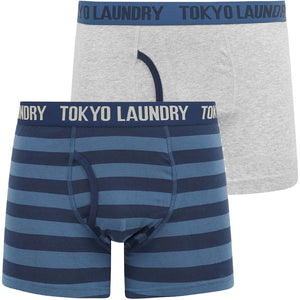 Arlo (2 Pack) Striped Boxer Shorts Set in Washed Blue / Light Grey Marl - Tokyo Laundry