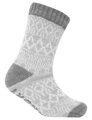 Atlantia Jacquard Fairisle Print Borg Lined Chunky Knit Slipper Socks in Grey - Tokyo Laundry