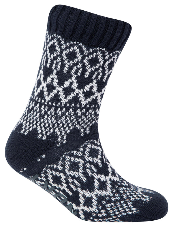 Atlantia Jacquard Fairisle Print Borg Lined Chunky Knit Slipper Socks in Navy - Tokyo Laundry