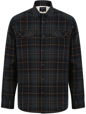 Atwell Borg Lined Cotton Flannel Checked Over Shirt in Dark Teal Check - Tokyo Laundry