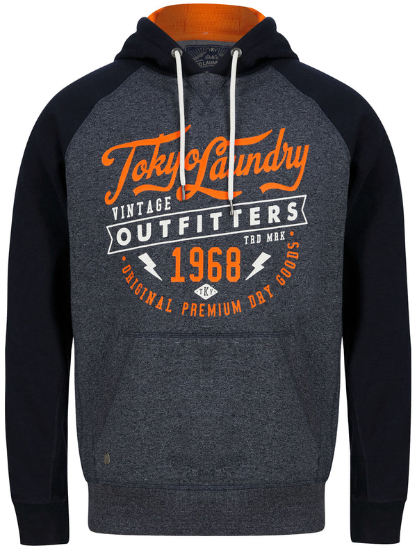 Bannering Raglan Sleeve Brushback Fleece Pullover Hoodie in Navy Grindle - Tokyo Laundry