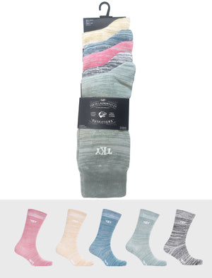 Basher (5 Pack) Cotton Rich Space Dye Socks in Sage / Black / Salmon Pink / Marine Green / Oatmeal - Tokyo Laundry