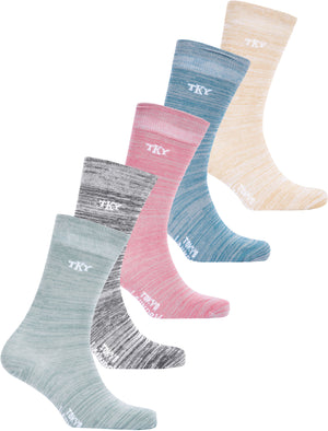 Basher (5 Pack) Cotton Rich Space Dye Socks in Sage / Black / Salmon Pink / Marine Green / Oatmeal - Tokyo Laundry
