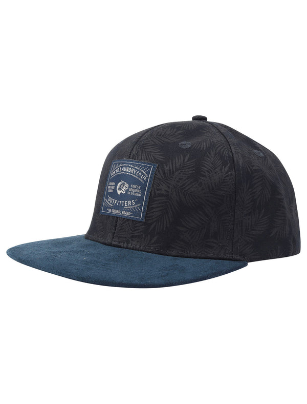 Bengal Palm Print Cotton Cap with Faux Suede Peak In Navy - Tokyo Laundry