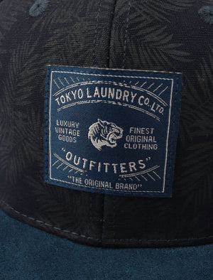 Bengal Palm Print Cotton Cap with Faux Suede Peak In Navy - Tokyo Laundry