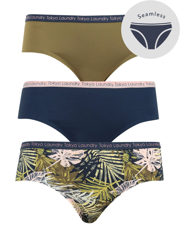 Besalu (3 Pack) No VPL Seam Free Assorted Briefs in Burnt Olive / Midnight Blue / Chalk Pink Palm Leaf Print - Tokyo Laundry