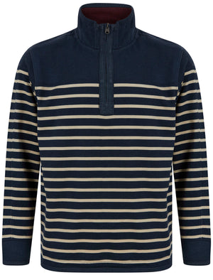 Bibury Striped Cotton Pique Half Zip Neck  Sweater Top in Fog Stone - Tokyo Laundry