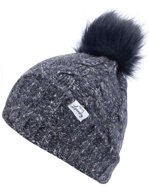 Women's Billie Cable Knit Bobble Hat with Pom Pom in Blue Marl - Tokyo Laundry