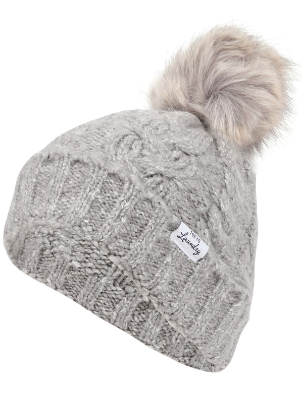 Women's Billie Cable Knit Bobble Hat with Pom Pom in Grey Marl - Tokyo Laundry