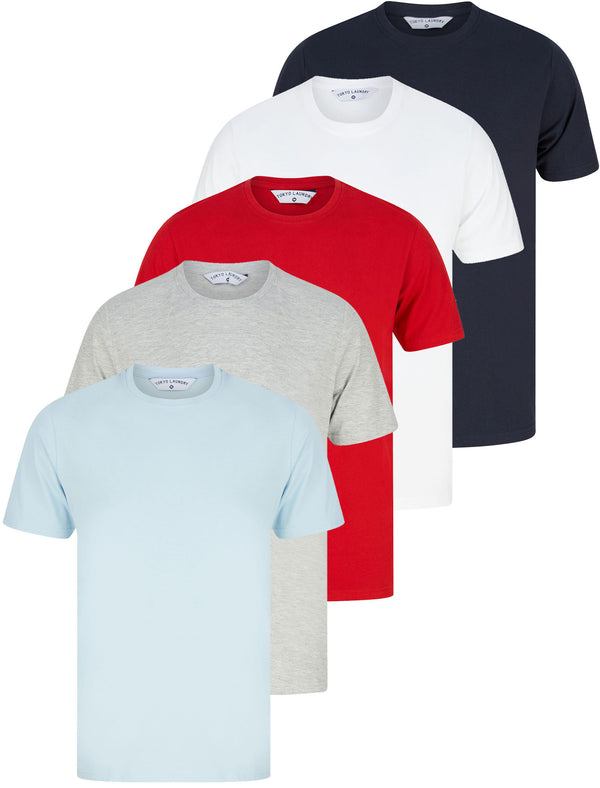 Bilton (5 Pack) Cotton Jersey Basic T-Shirt Set In Red / Navy / Grey Marl / White / Angel Falls Blue - Tokyo Laundry