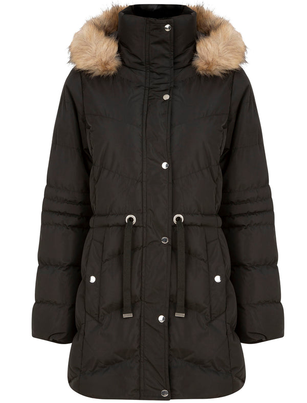 Bingo Longline Quilted Puffer Coat with Faux Fur Trim Hood in Black - Tokyo Laundry