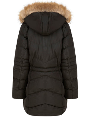 Bingo Longline Quilted Puffer Coat with Faux Fur Trim Hood in Black - Tokyo Laundry