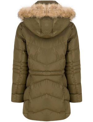 Bingo Longline Quilted Puffer Coat with Faux Fur Trim Hood in Khaki - Tokyo Laundry