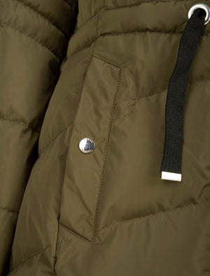 Bingo Longline Quilted Puffer Coat with Faux Fur Trim Hood in Khaki - Tokyo Laundry