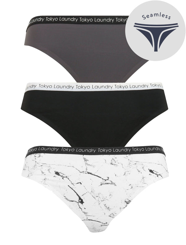 Black Cab (3 Pack) No VPL Seam Free Assorted Thongs in Nine Iron / Jet Black / Optic White Marble Print - Tokyo Laundry