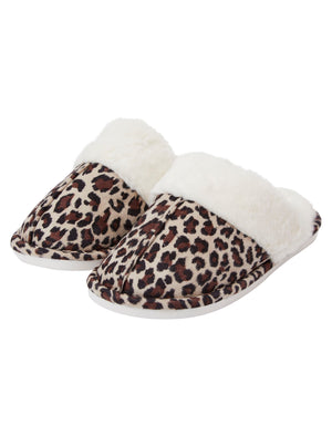 Bogota Faux Suede Mule Slippers with Faux Fur Lining & Trim in Beige Leopard - Tokyo Laundry