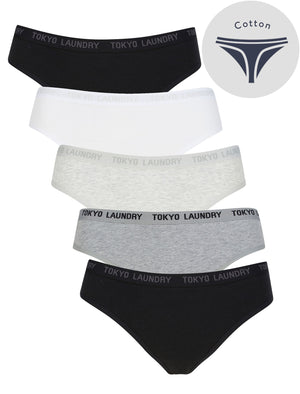 Bonny (5 Pack) Cotton Assorted Thongs in Black / White / Light Grey Marl / Mid Grey Marl - Tokyo Laundry
