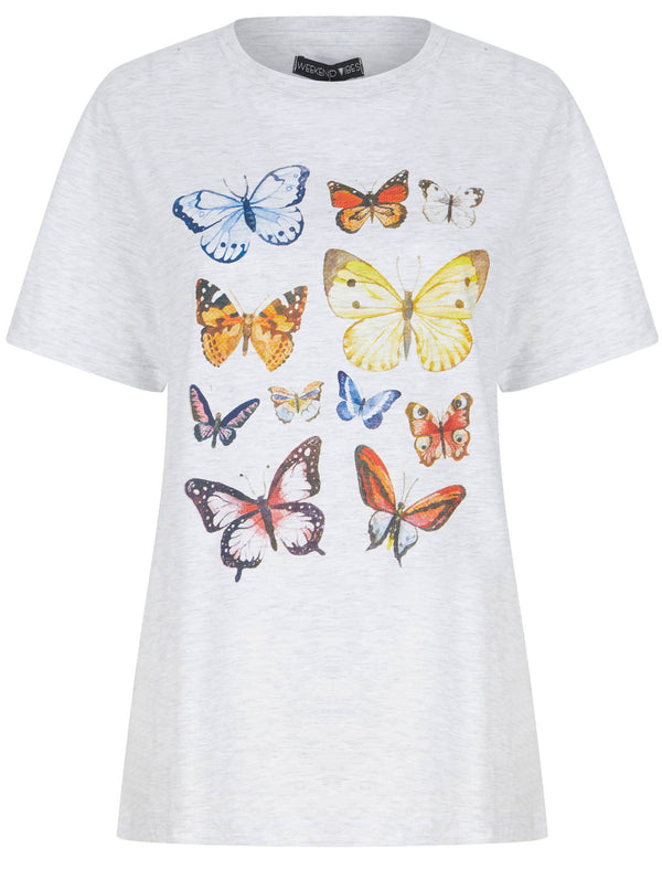 Book Fly Motif Cotton Crew Neck T-Shirt in Ice Grey Marl - Weekend Vibes