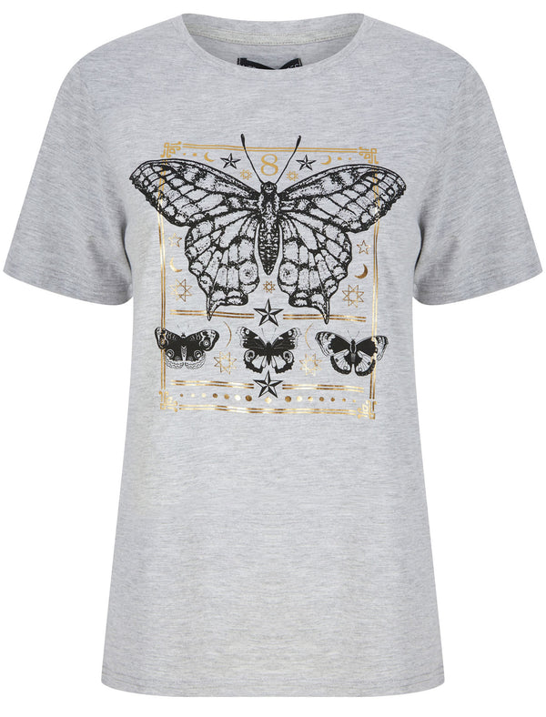Border Fly Butterfly Motif Cotton T-Shirt With Gold Foil in Light Grey Marl - Weekend Vibes