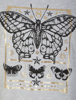 Border Fly Butterfly Motif Cotton T-Shirt With Gold Foil in Light Grey Marl - Weekend Vibes