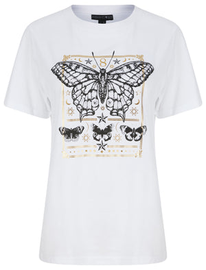Border Fly Butterfly Motif Cotton T-Shirt With Gold Foil in Optic White - Weekend Vibes