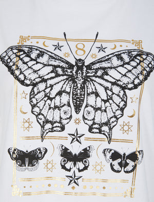 Border Fly Butterfly Motif Cotton T-Shirt With Gold Foil in Optic White - Weekend Vibes