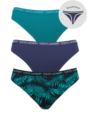 Borneo (3 Pack) Palm Print No VPL Seam Free Assorted Thongs in Harbour Blue / Patriot Blue / Dark Navy - Tokyo Laundry