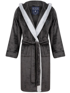 Men's Buckingham Soft Fleece Bonded Dressing Gown with Hood in Dark Grey - Tokyo Laundry