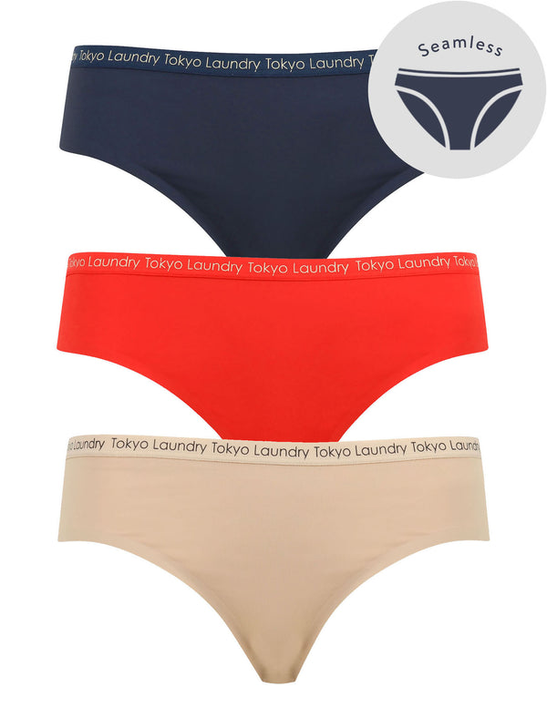 Cadiz (3 Pack) No VPL Seam Free Assorted Briefs In Midnight Blue / Lollipop Red / Nude - Tokyo Laundry