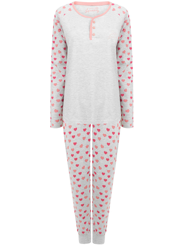 Cherish Love Heart Sweet Print 2pc Cotton Lounge Set in Light Grey Marl - Tokyo Laundry