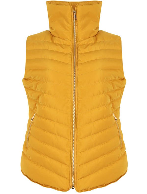 Chervil Quilted Puffer Gilet With Funnel Neck In Old Gold - Tokyo Laundry