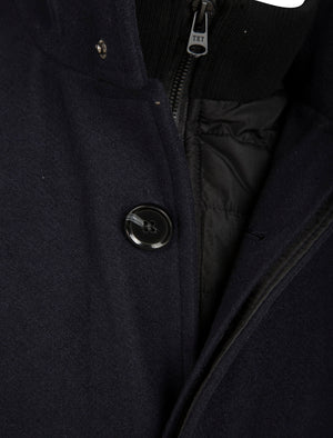 Clayne Wool Look Notch Collar Tailored Coat with Quilted Mock Insert in Navy - Tokyo Laundry