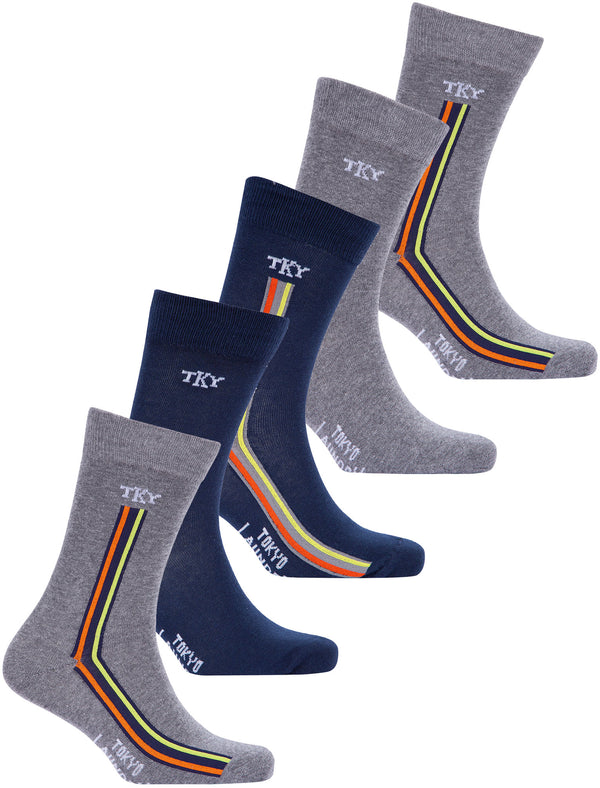 Daintree (5 Pack) Cotton Rich Multi-Coloured Assorted Socks in Mid Grey Marl / Navy - Tokyo Laundry