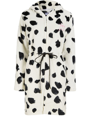 Women's Dalmation Print Soft Fleece Zip Up Dressing Gown in Optic White - Tokyo Laundry