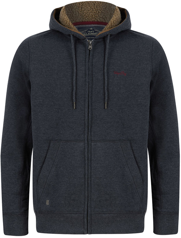 Descent Basic Zip Through Fleece Hoodie with Borg Lined Hood In Navy Marl - Tokyo Laundry
