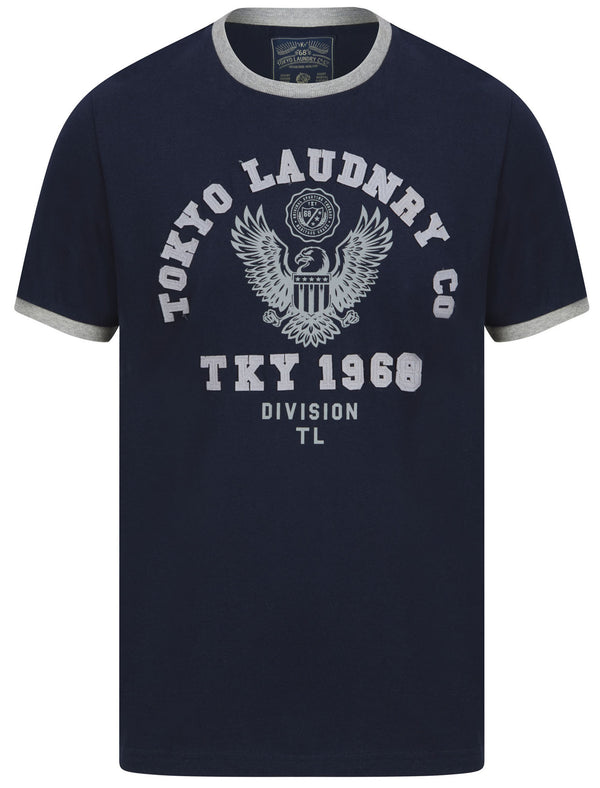 Division Motif Cotton Jersey Ringer T-Shirt In Sky Captain Navy - Tokyo Laundry