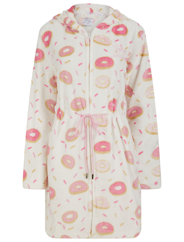 Women's Doughnut Print Soft Fleece Zip Up Dressing Gown in Optic White - Tokyo Laundry