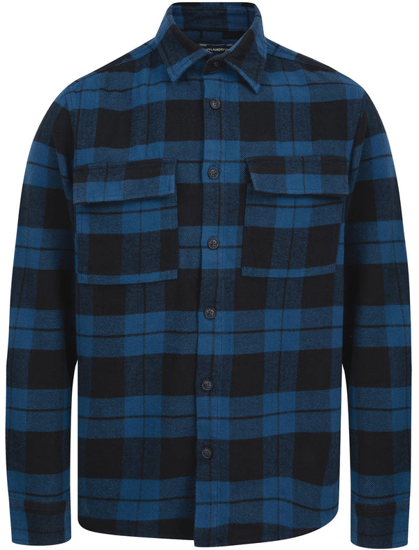 Dunham Heavy Cotton Twill Checked Over Shirt In Estate Blue Check - Tokyo Laundry
