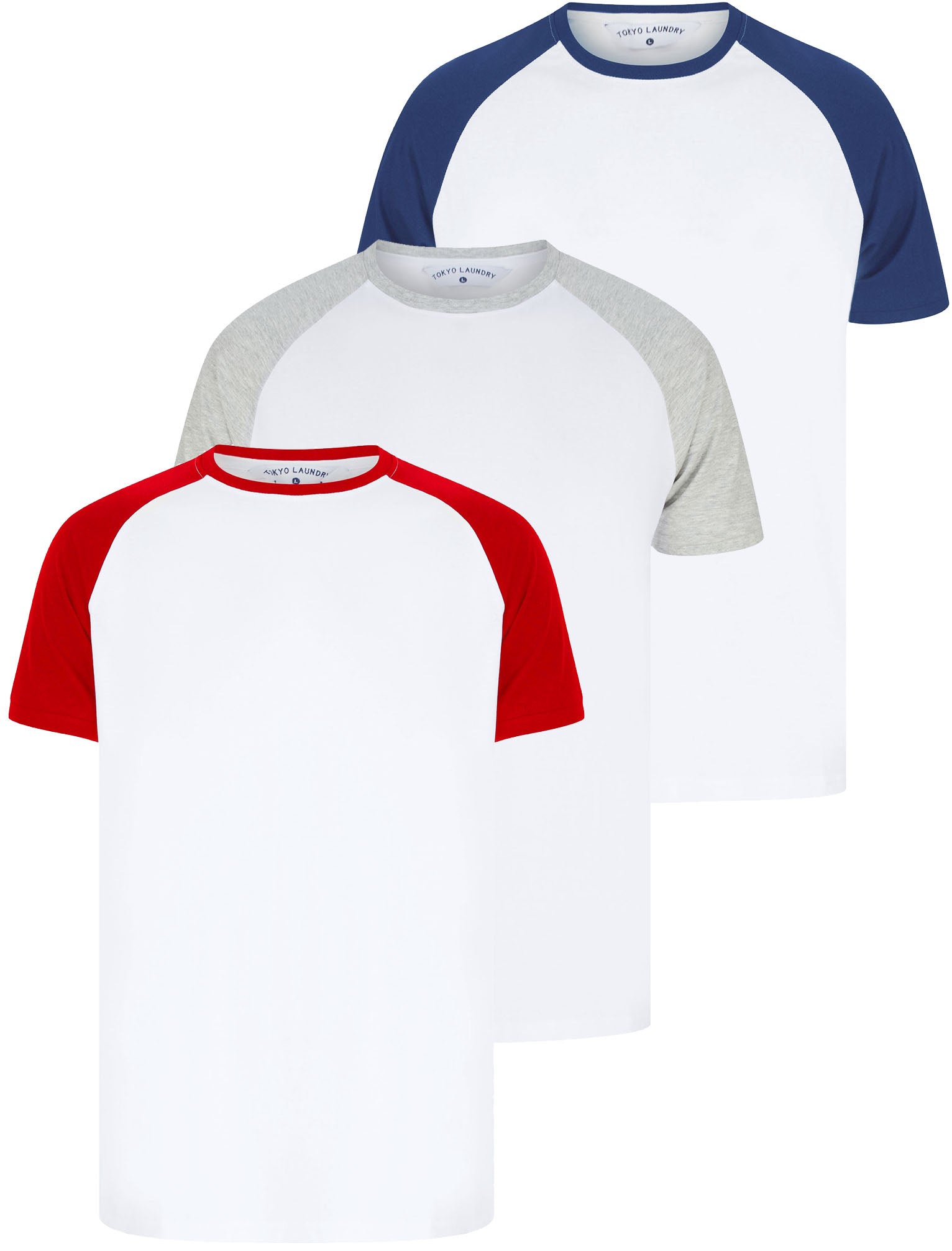 Dunswell (3 Pack) Raglan Sleeve Cotton Jersey Basic T-Shirt Set In Red /  Blue / Grey Marl - Tokyo Laundry