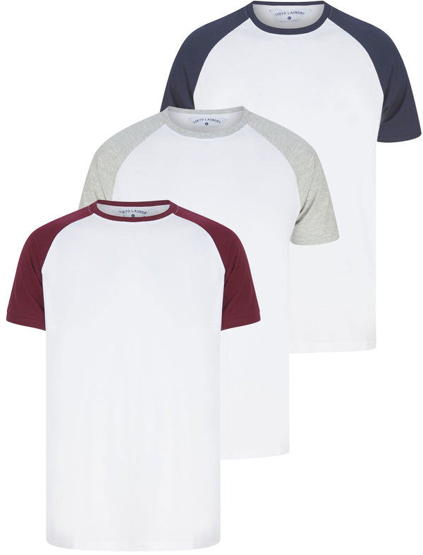 Dunswell (3 Pack) Raglan Sleeve Cotton Jersey Basic T-Shirt Set In Wine / Navy / Grey Marl - Tokyo Laundry