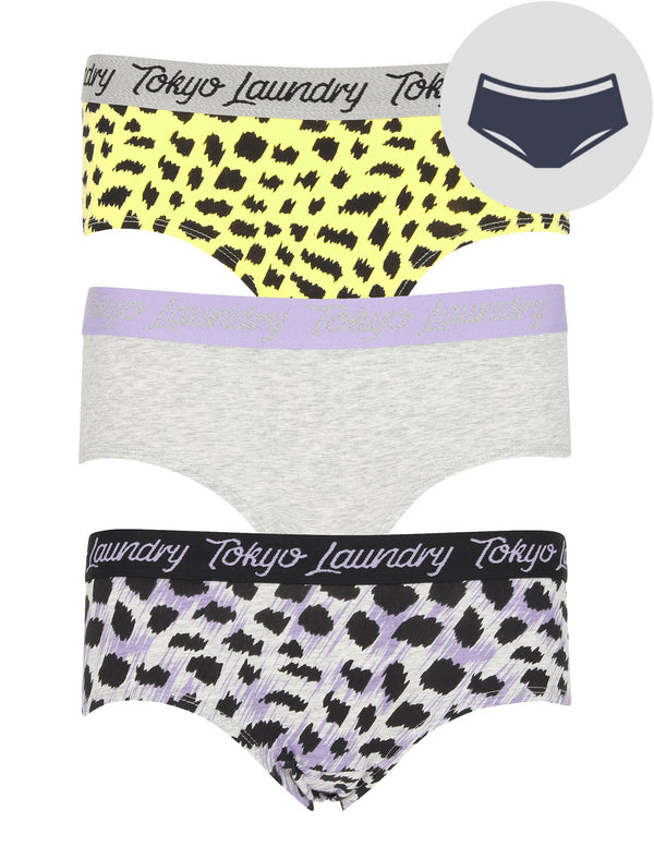 Elsie (3 Pack) Animal Print Assorted Hipster Briefs In Popcorn Yellow / Grey Marl - Tokyo Laundry