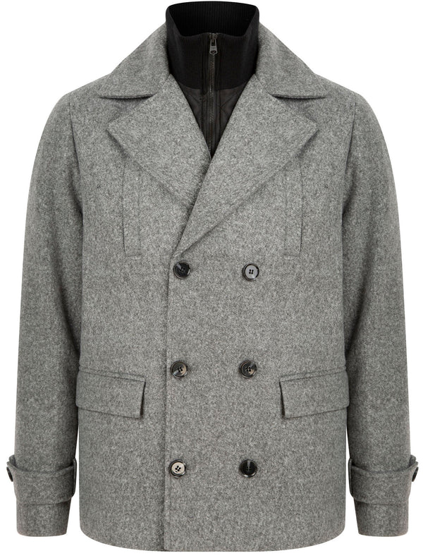Finley Double Breasted Wool Look Pea Coat with Quilted Mock Insert in Mid Grey Marl - Tokyo Laundry