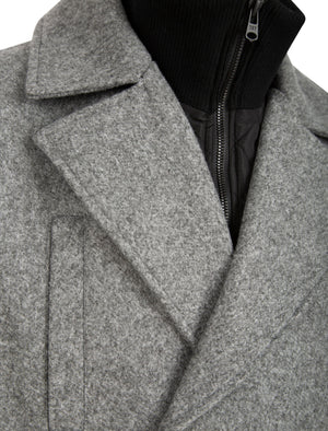 Finley Double Breasted Wool Look Pea Coat with Quilted Mock Insert in Mid Grey Marl - Tokyo Laundry