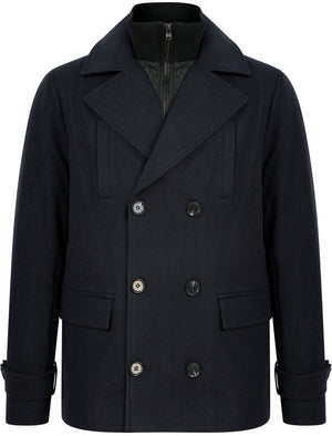 Finley Double Breasted Wool Look Pea Coat with Quilted Mock Insert in Navy - Tokyo Laundry