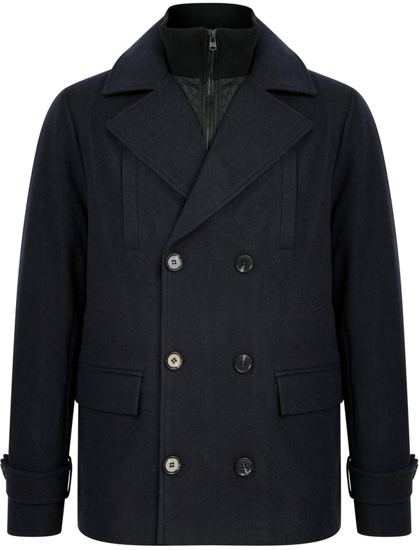 Finley Double Breasted Wool Look Pea Coat with Quilted Mock Insert in Navy - Tokyo Laundry
