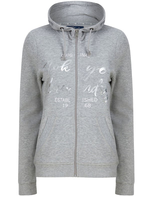 Florence Zip Through Hoodie with Foil Motif in Light Grey Marl - Tokyo Laundry