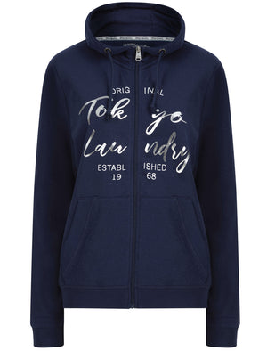 Florence Zip Through Hoodie with Foil Motif in Peacoat - Tokyo Laundry