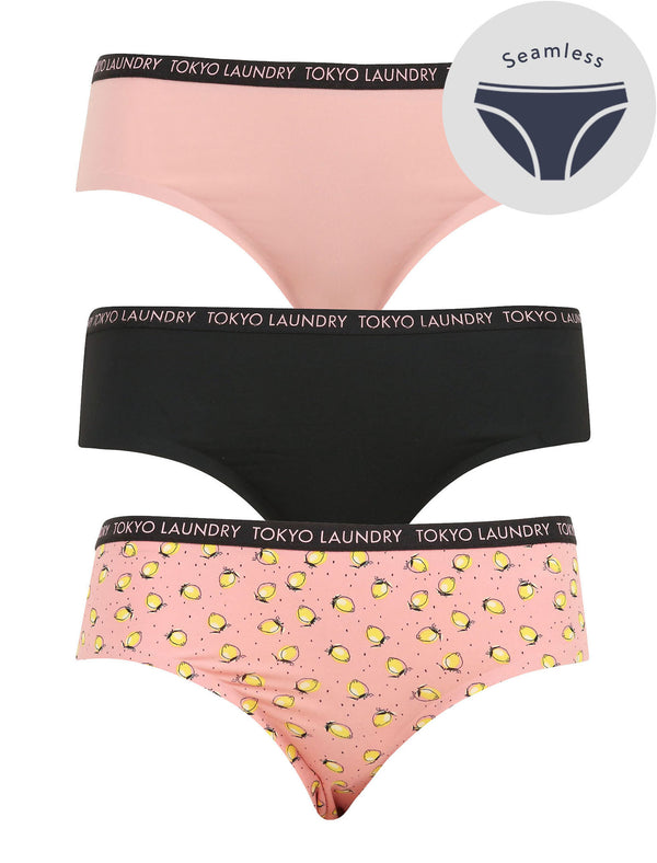 Gilia (3 Pack) No VPL Seam Free Assorted Briefs In Silver Pink / Jet Black / Lemon Print - Tokyo Laundry