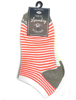 Hidden Moana (3 Pack) Striped Cotton Rich Trainer Socks in Coral / Mint / Yellow - Tokyo Laundry
