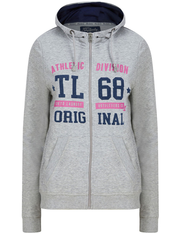 Jayne Zip Through Hoodie with Flocked Motif in Light Grey Marl - Tokyo Laundry